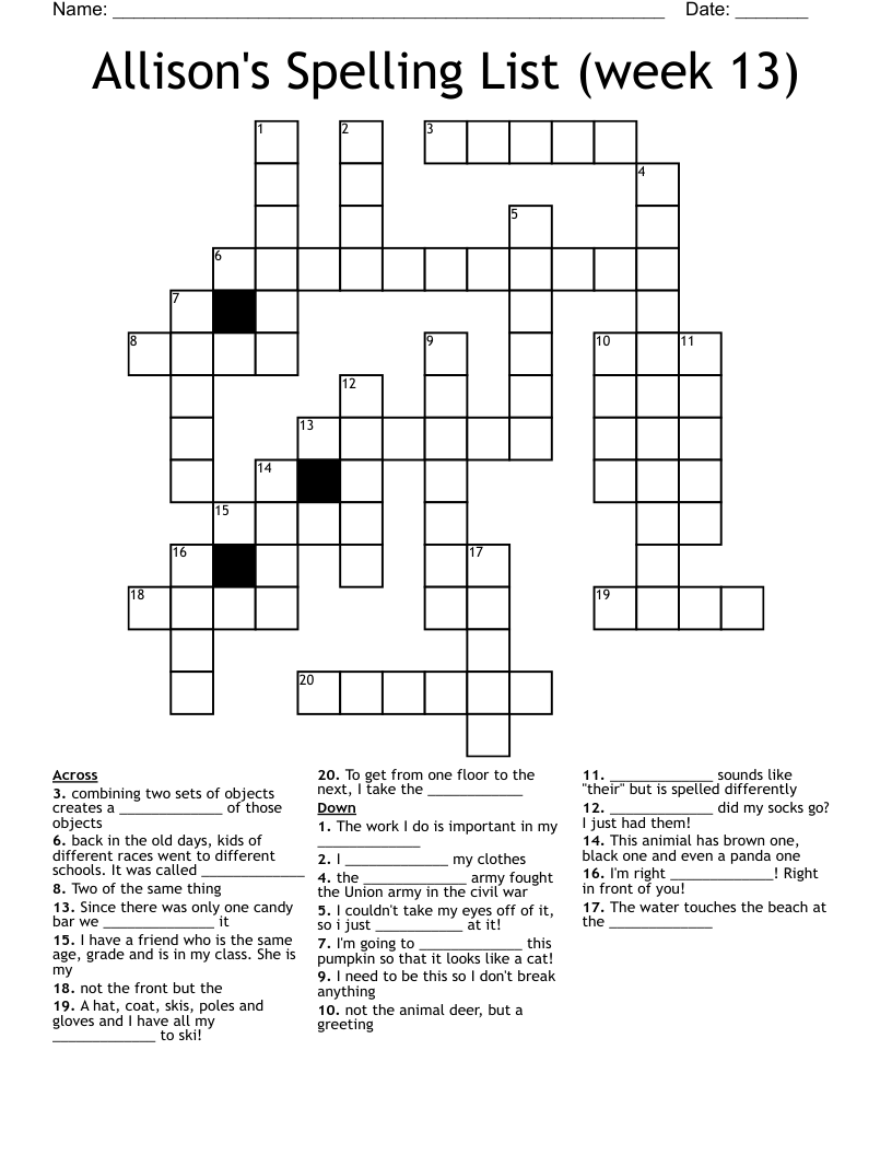 Allison's Spelling List (week 13) Crossword