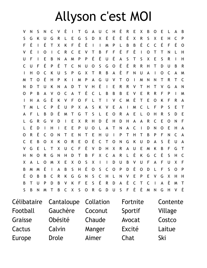 Allyson c'est MOI Word Search