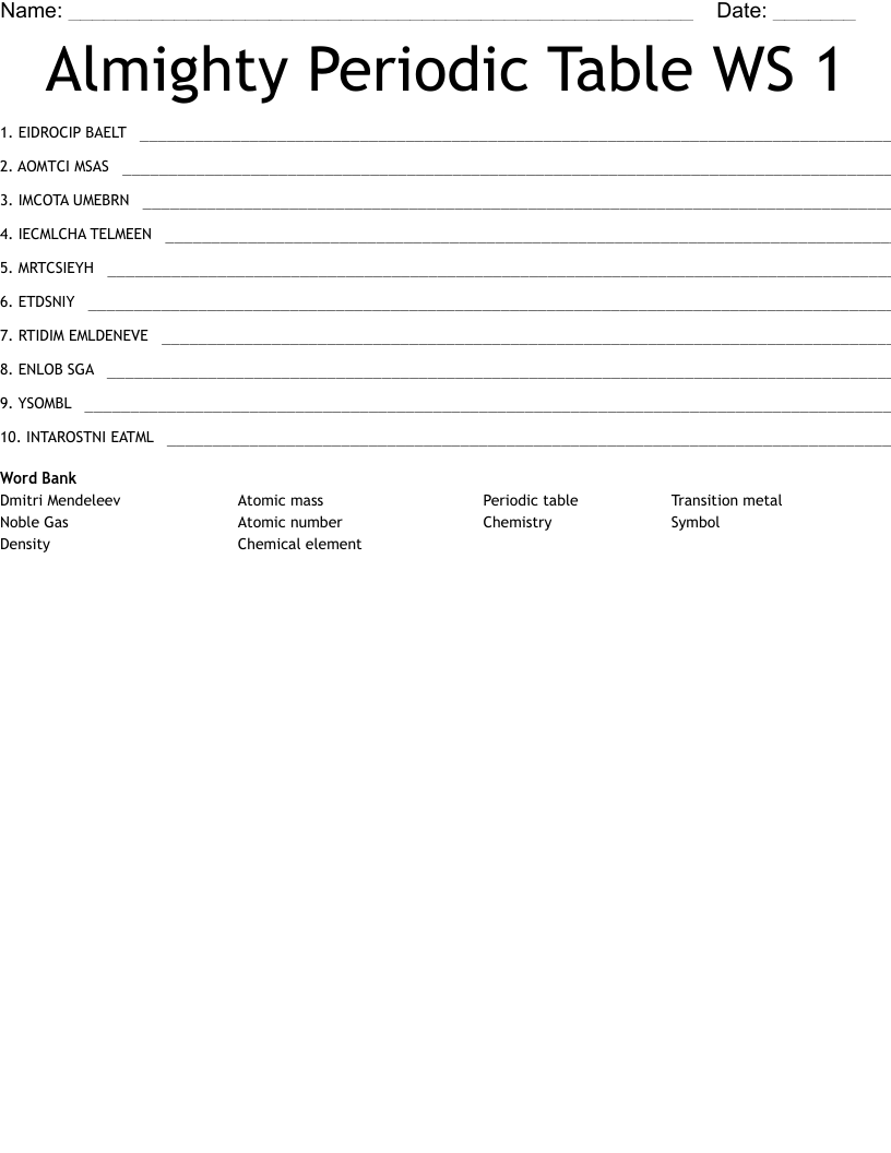 Almighty Periodic Table WS 1 Word Scramble