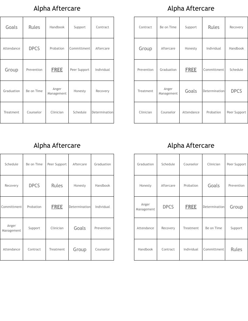 Alpha Aftercare Bingo Cards