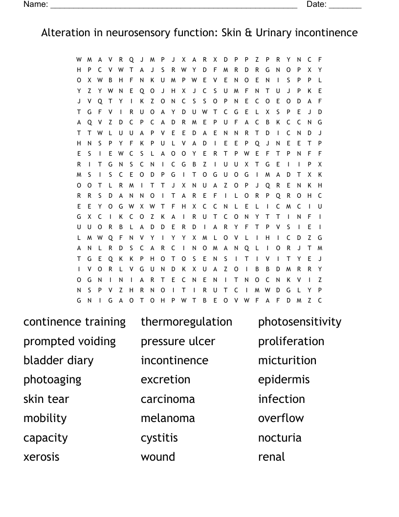 Alteration in neurosensory function: Skin & Urinary incontinence Word Search