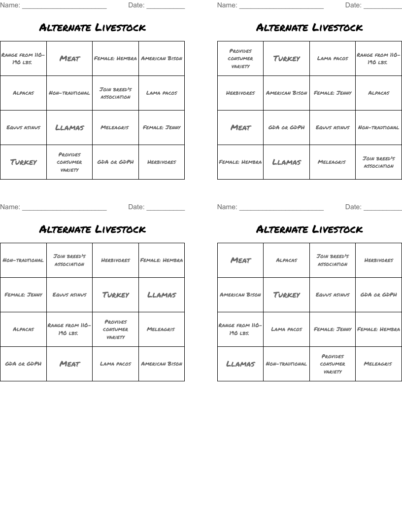Alternate Livestock Bingo Cards