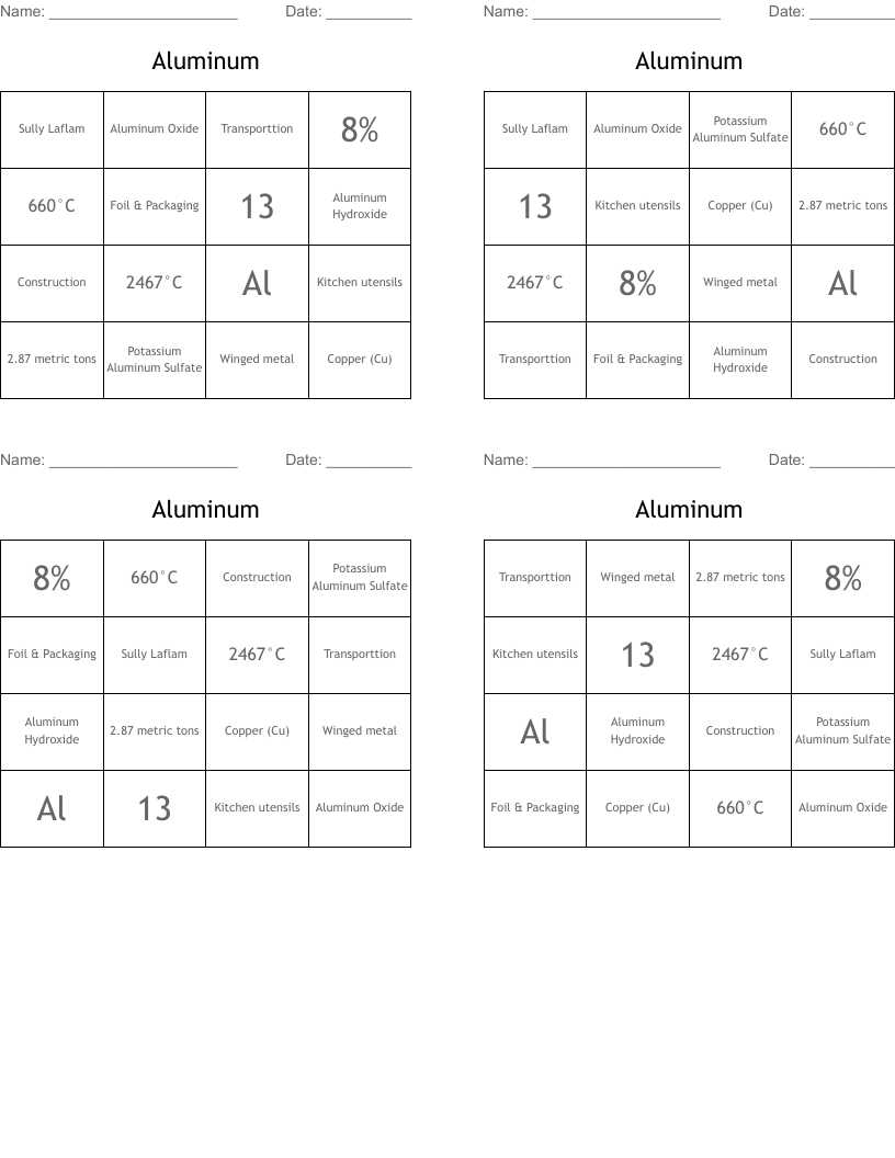 Aluminum Bingo Cards
