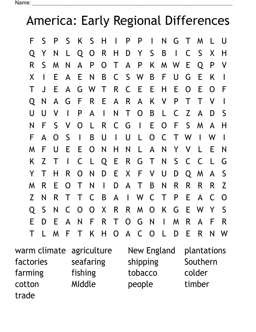 America: Early Regional Differences Word Search