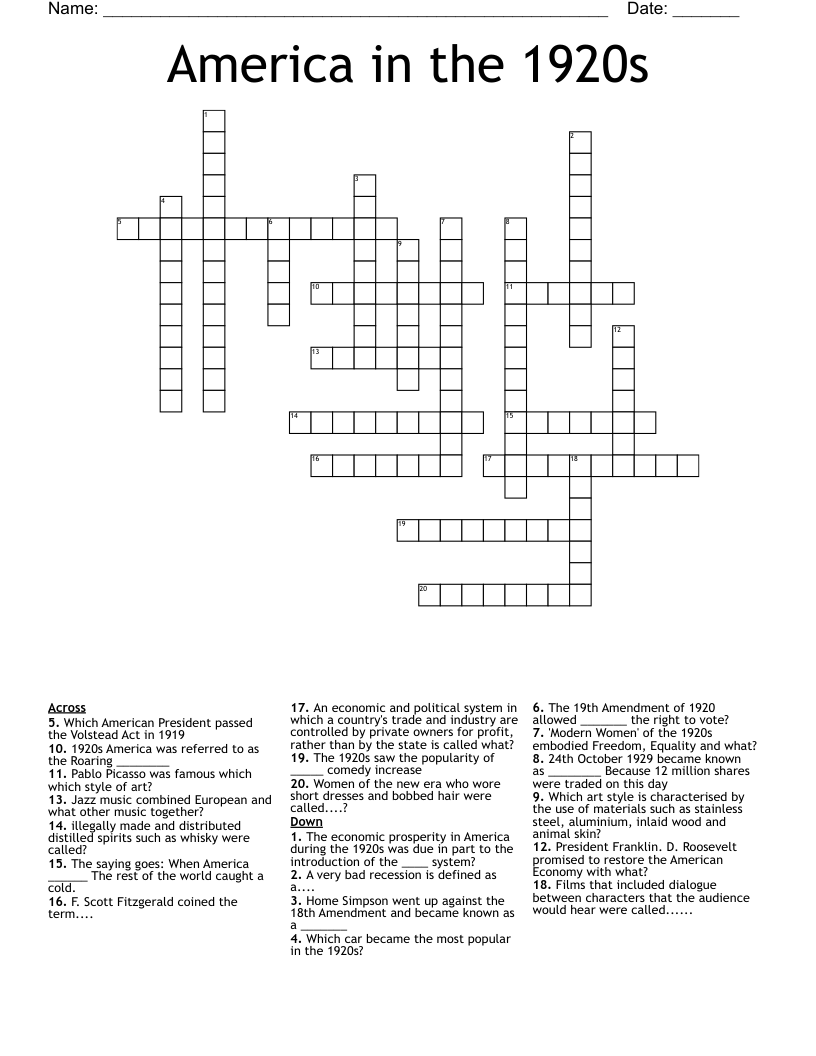 America In The 1920s Crossword WordMint