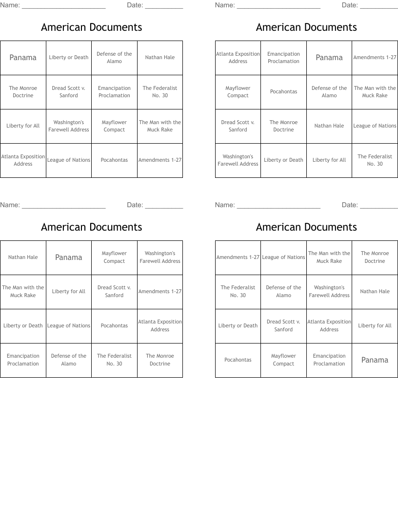 American Documents Bingo Cards