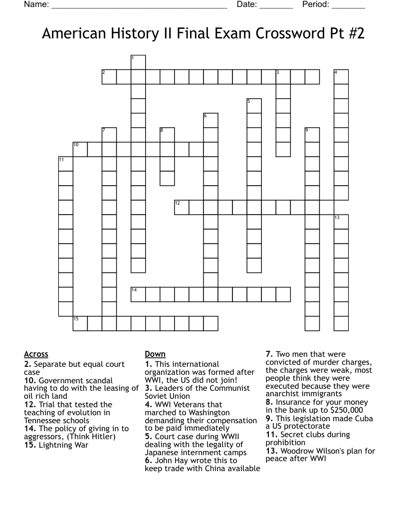 American History II Final Exam Crossword Pt 2 WordMint American History II Final Exam Crossword Pt 2 WordMint