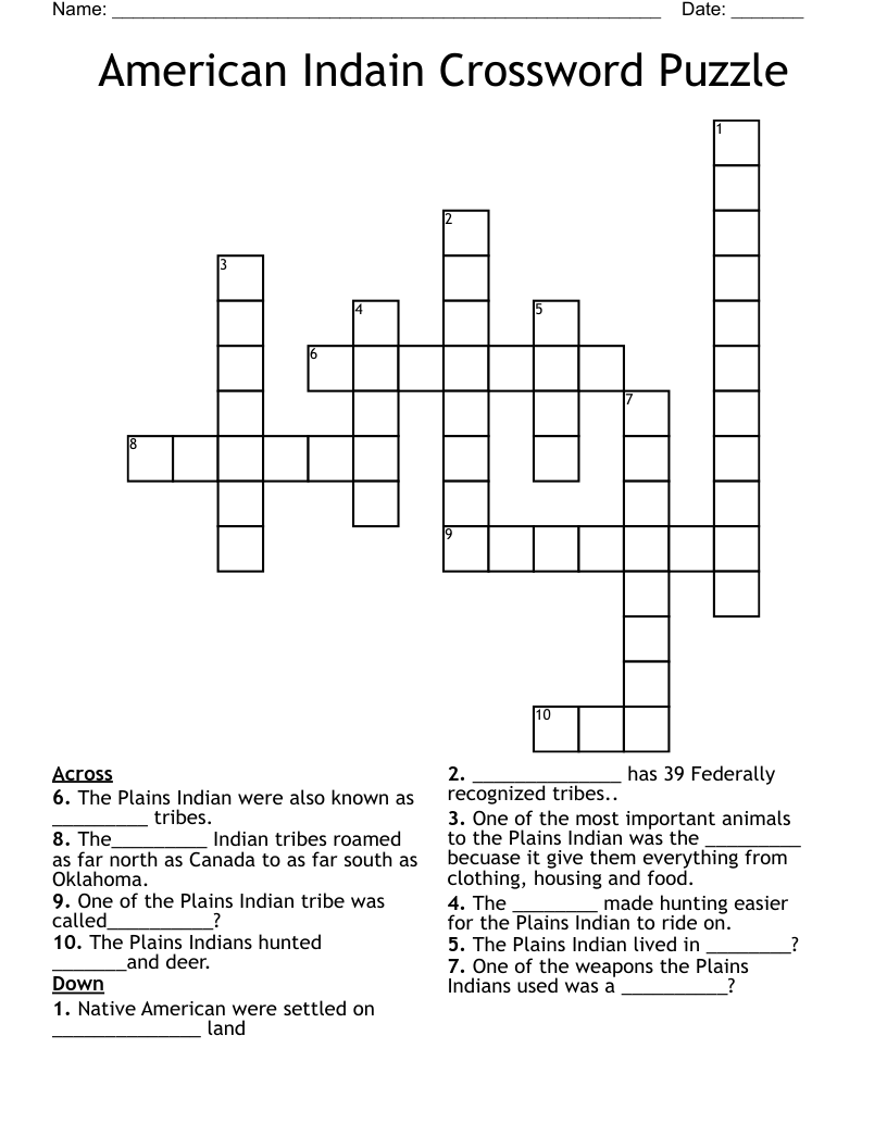 American Indain Crossword Puzzle WordMint