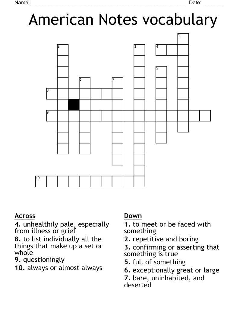 American Notes vocabulary Crossword
