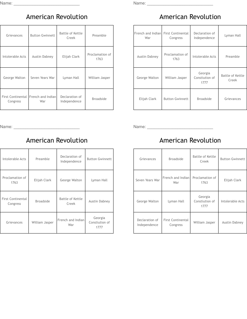 American Revolution Bingo Cards