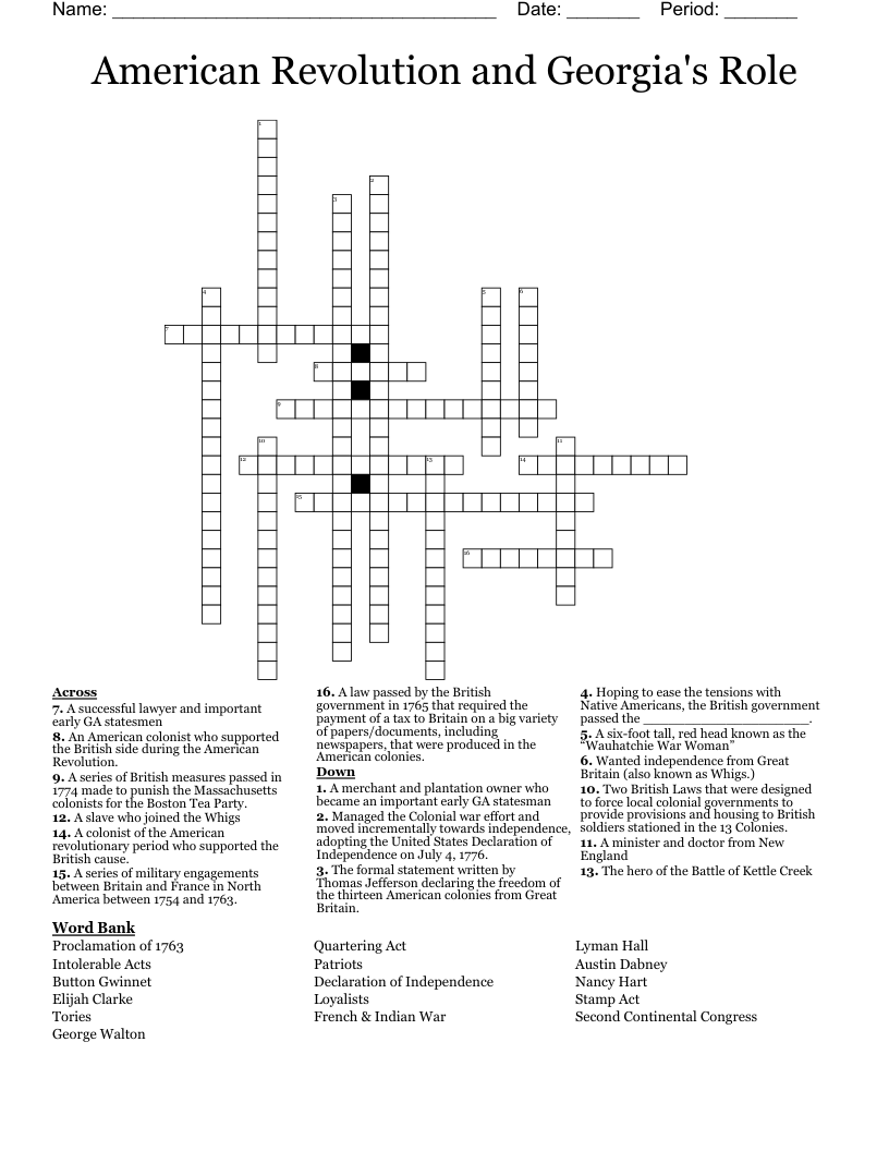 American Revolution And Georgia s Role Crossword WordMint
