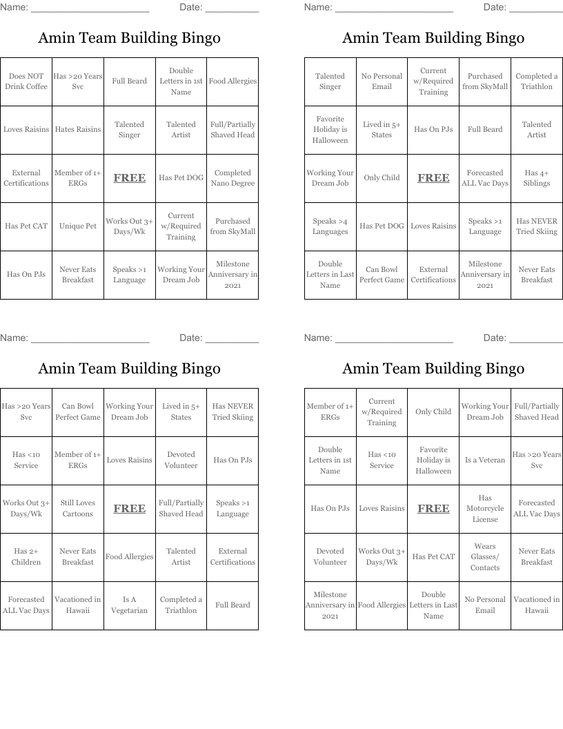 Amin Team Building Bingo