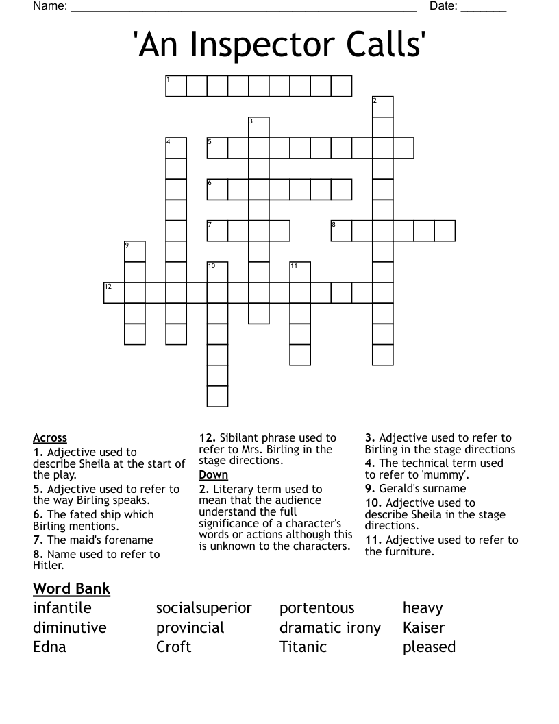 'An Inspector Calls' Crossword - WordMint