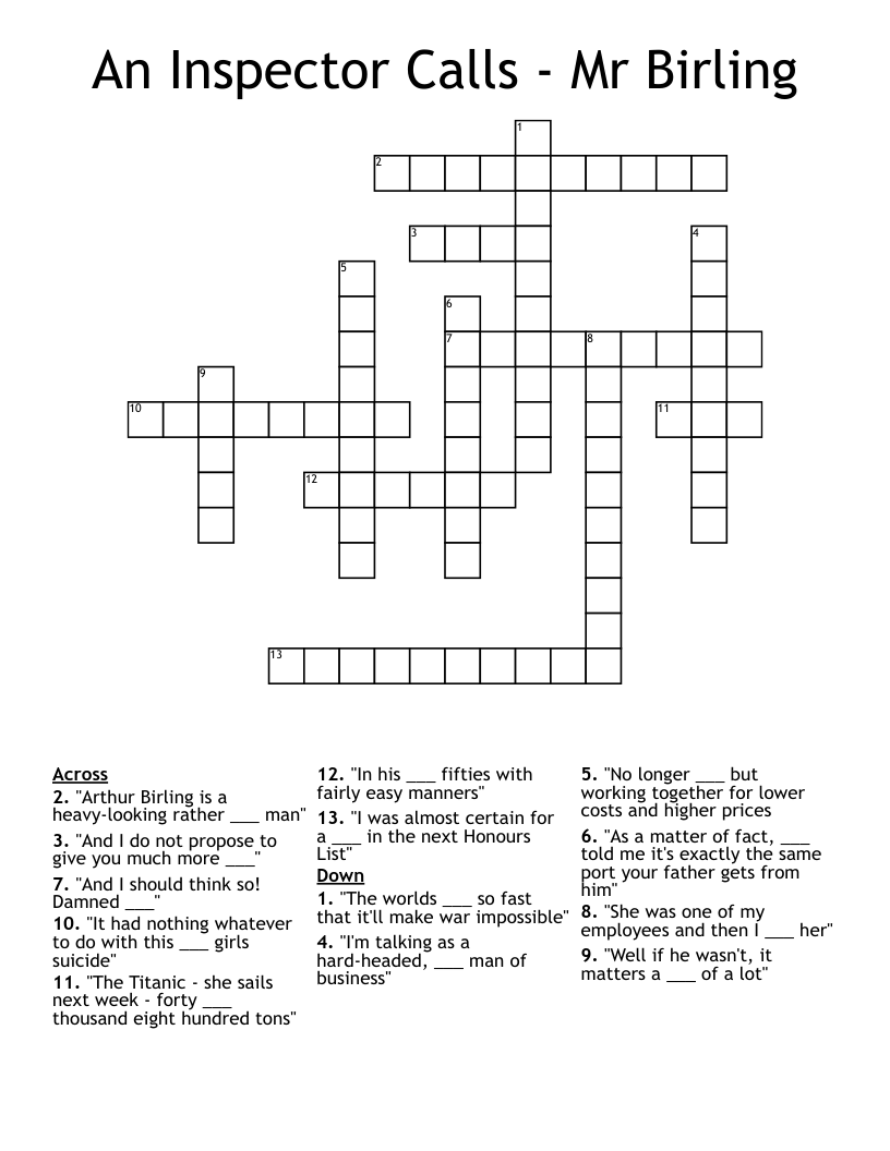 An Inspector Calls - Mr Birling Crossword