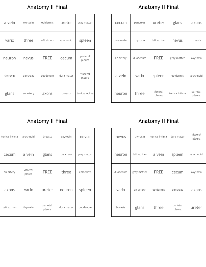 Anatomy II Final Bingo Cards
