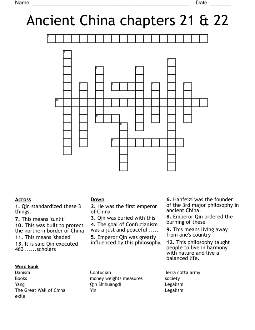 Ancient China Crossword Puzzle WordMint