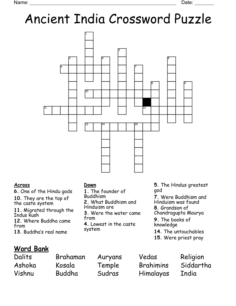 Ancient India Crossword Puzzle WordMint