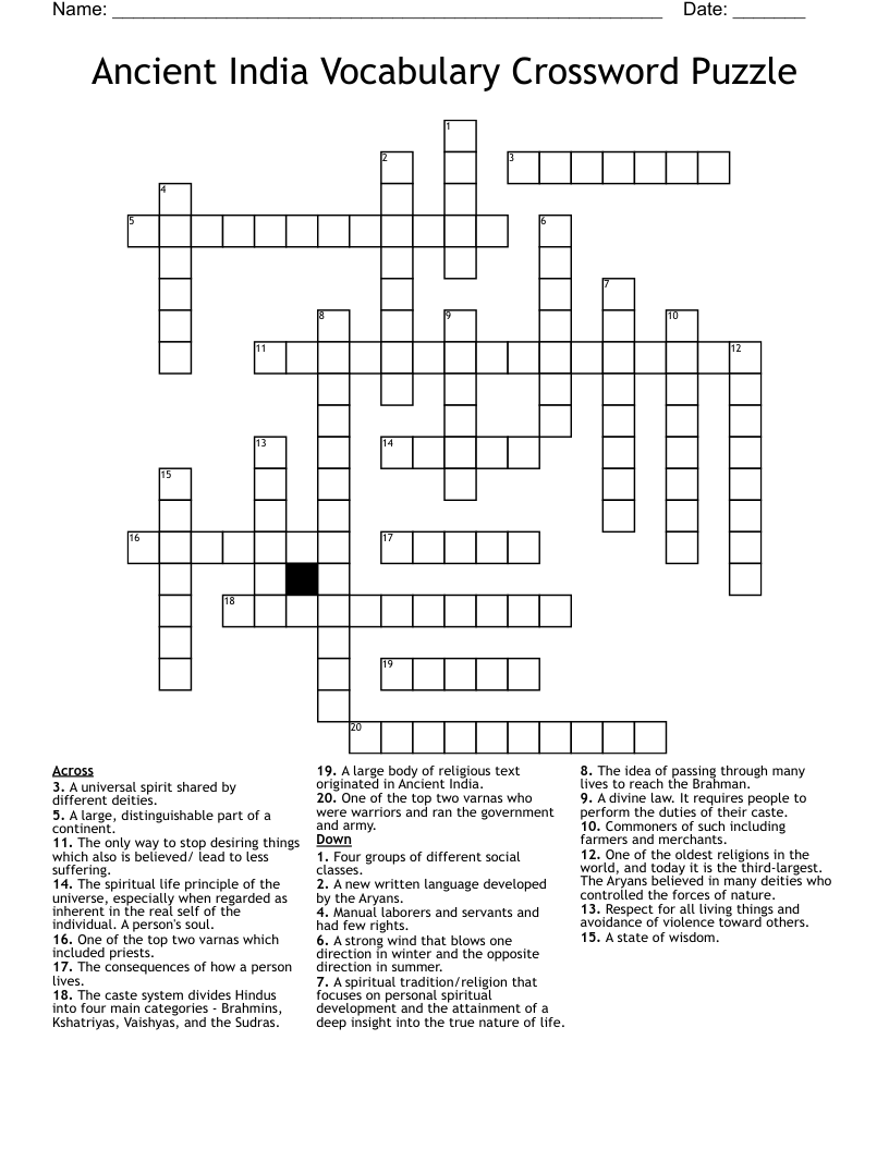 Ancient India Vocabulary Crossword Puzzle WordMint