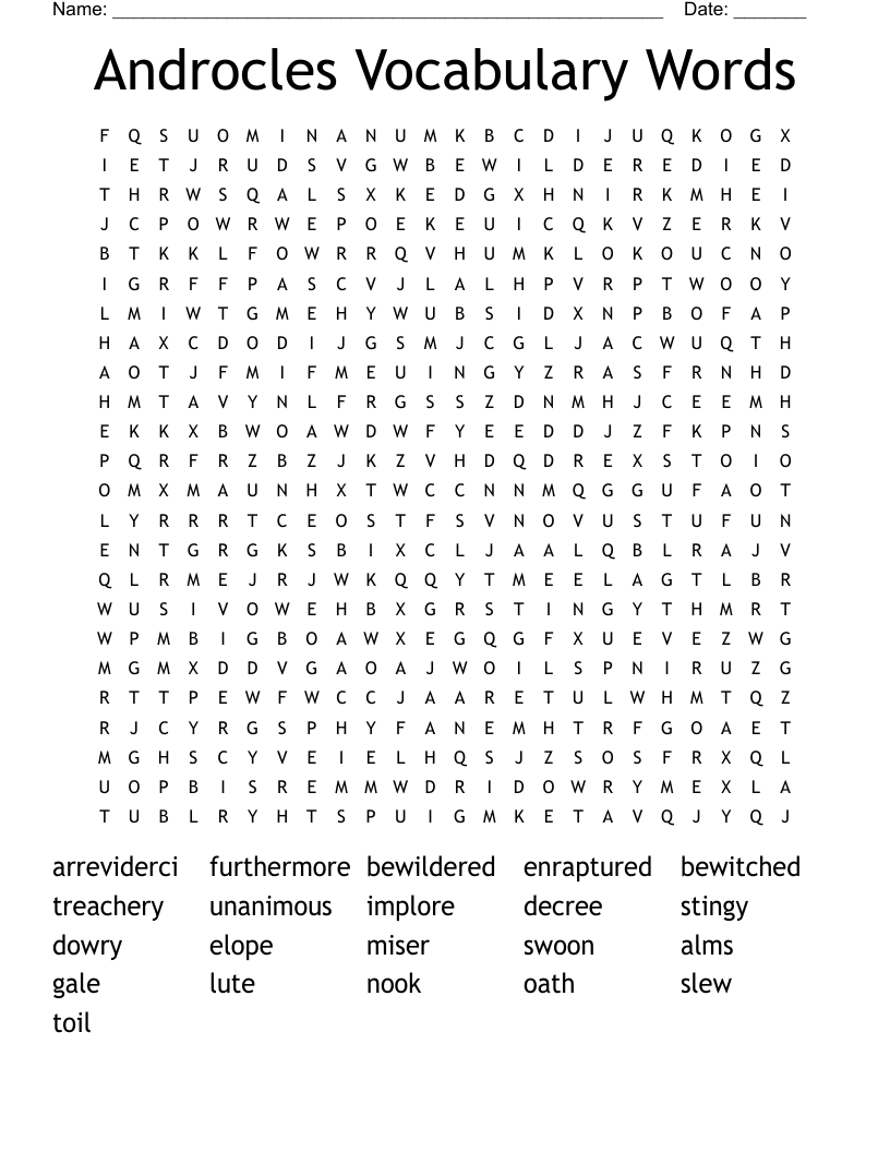 Androcles Vocabulary Words Word Search