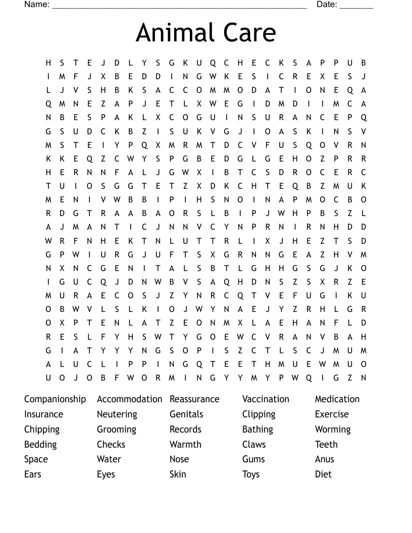 Animal Care Word Search WordMint