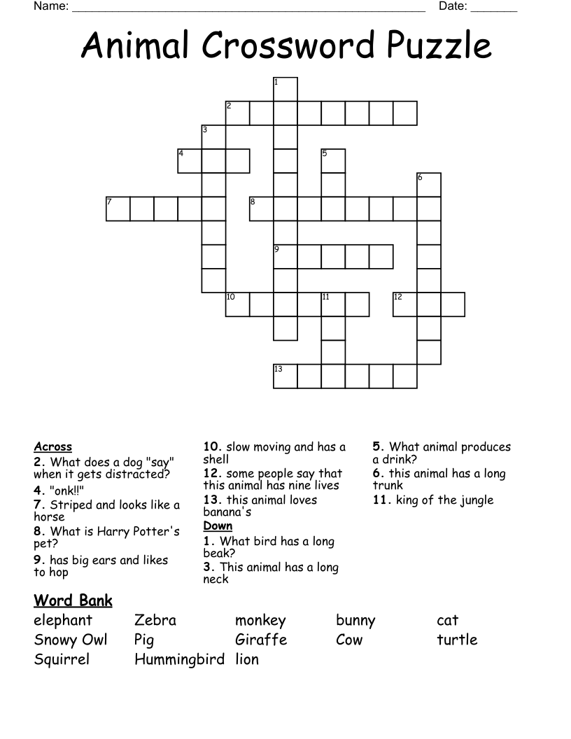 Animals Crossword WordMint