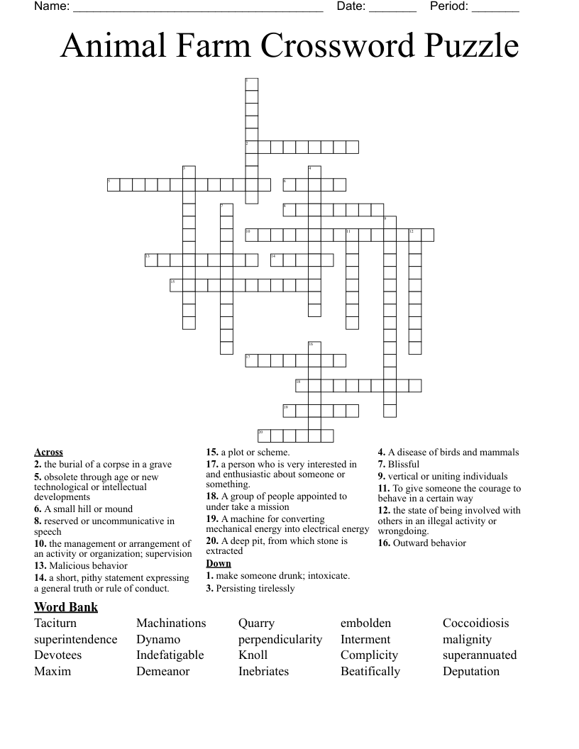 Animal Farm Crossword Puzzle Chapter 1 5 Animal Farm 8 10 Crossword 