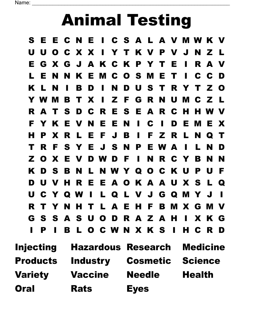 Animal Testing Word Search WordMint