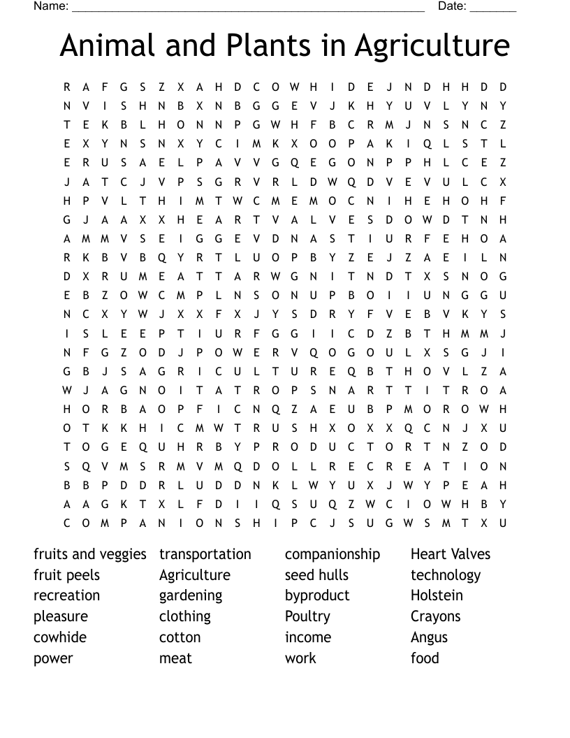 Animal and Plants in Agriculture Word Search