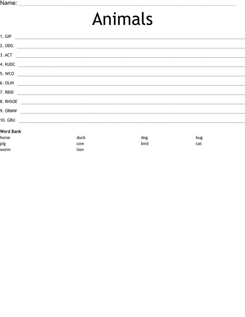 Animals Word Scramble