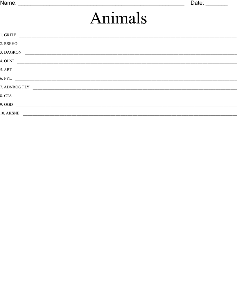 Animals Word Scramble