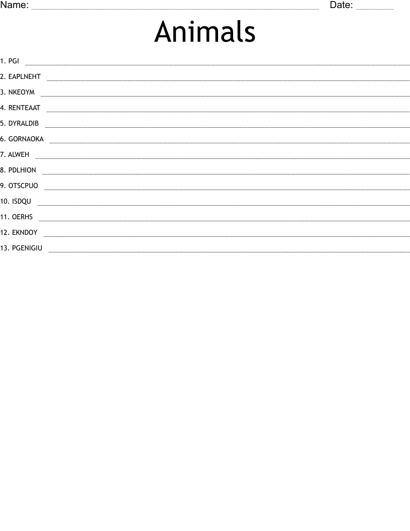 Animals Word Scramble