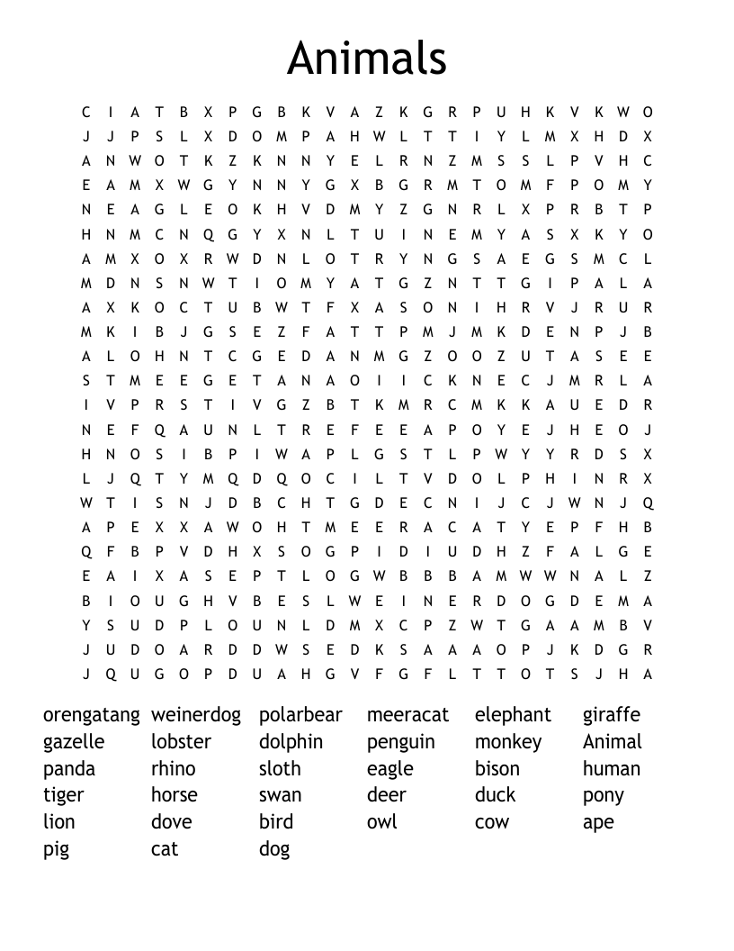 Animals Word Search