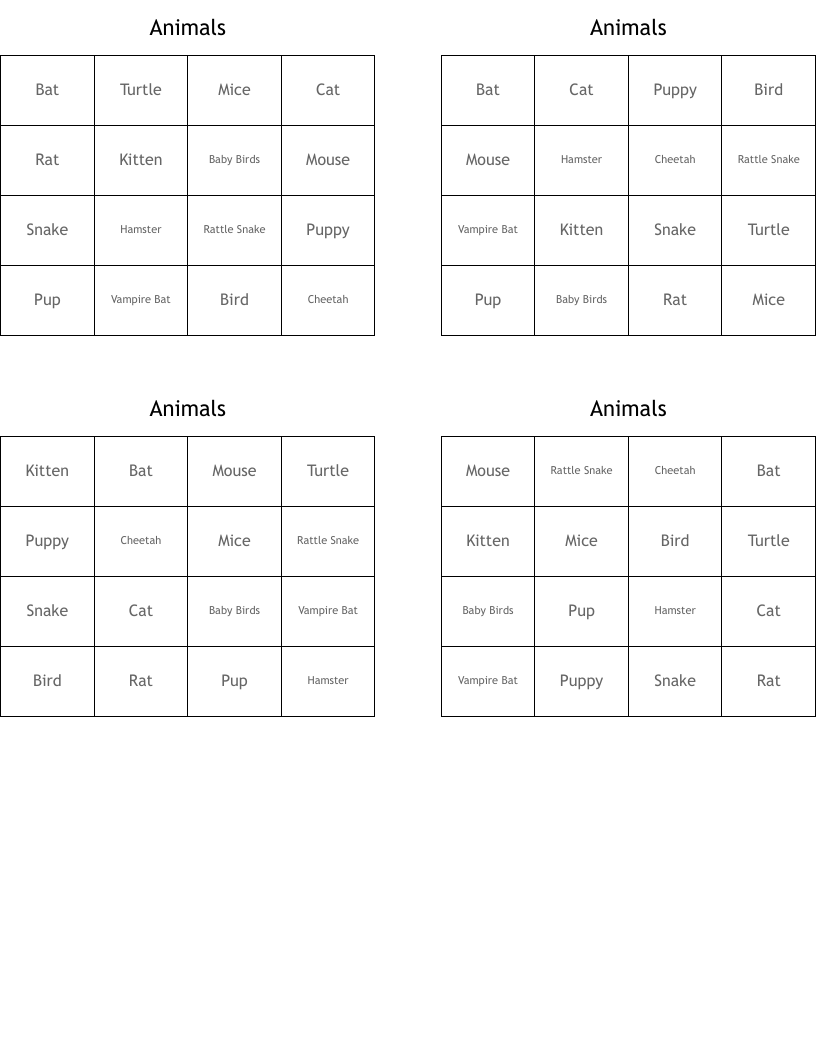 Animals Bingo Cards