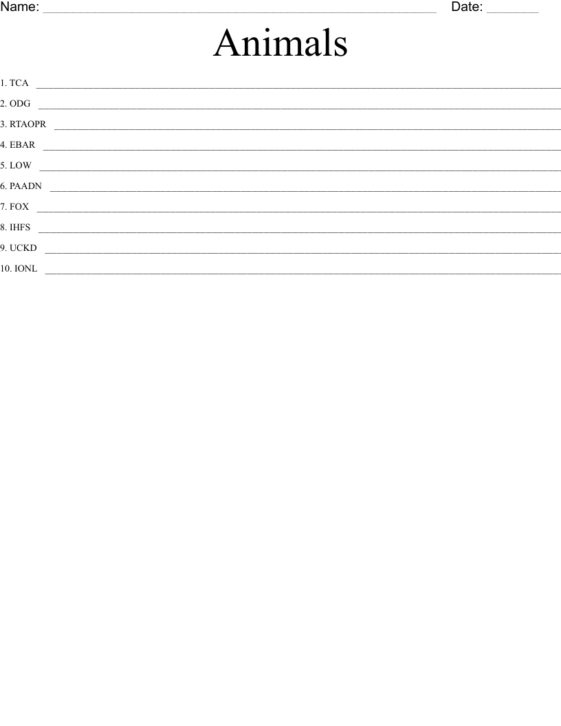 Animals Word Scramble