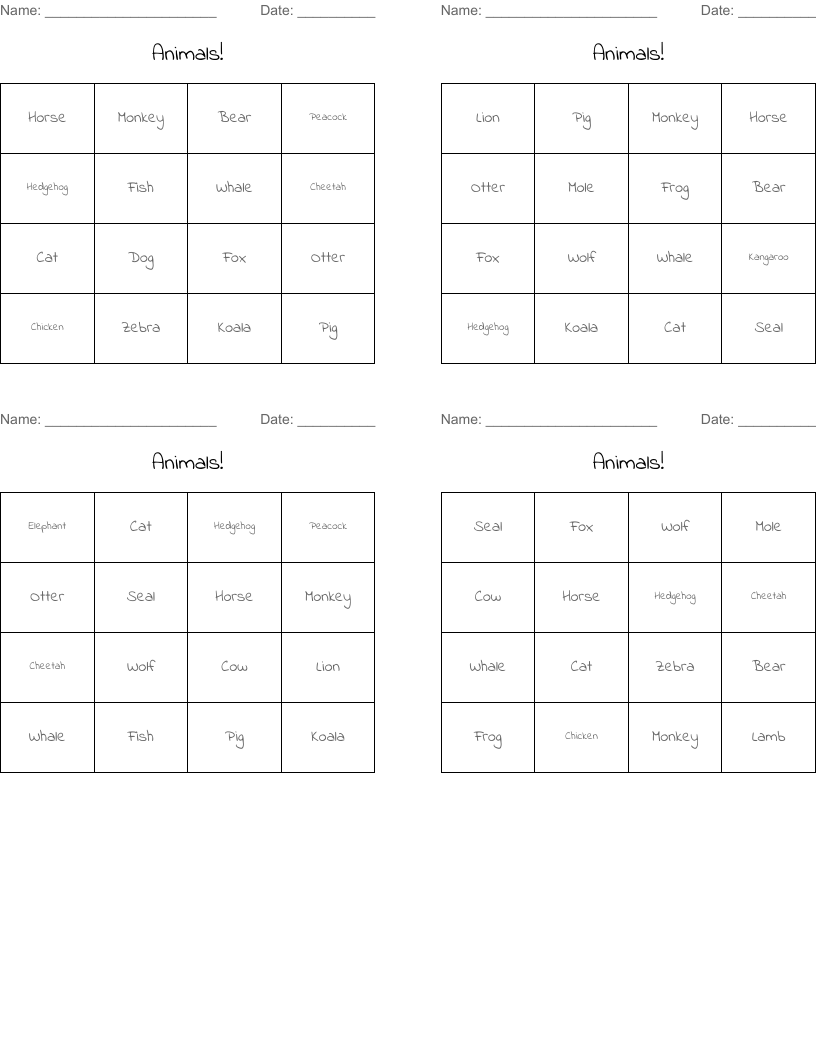Animals! Bingo Cards