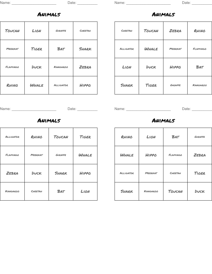 Animals Bingo Cards