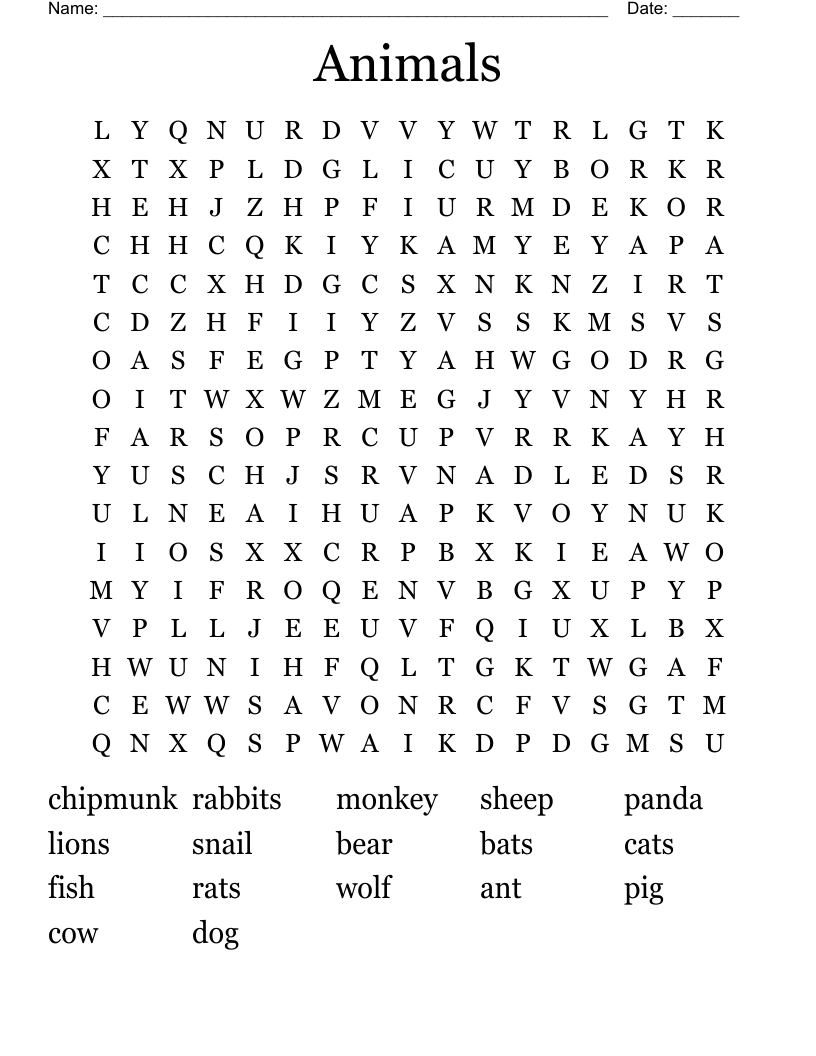 Animals Word Search