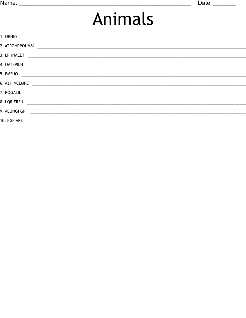 Animals Word Scramble