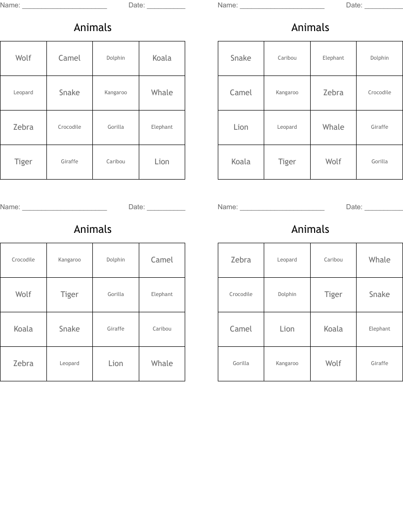 Animals  Bingo Cards