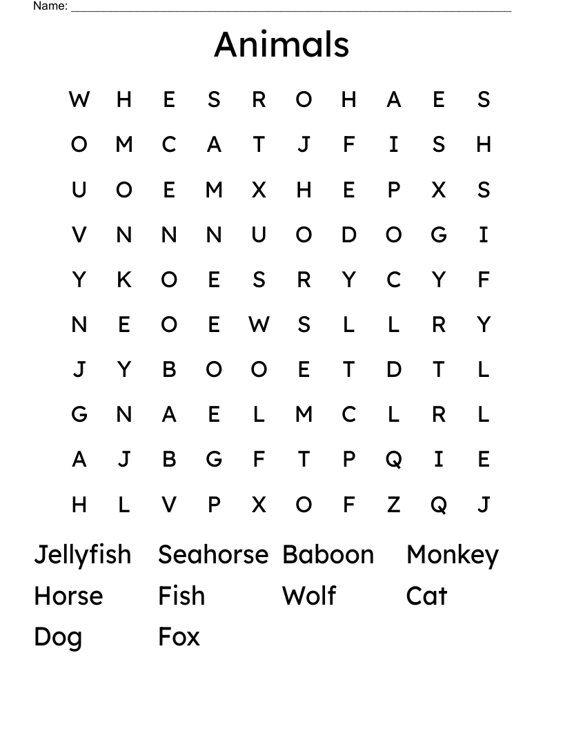Animals  Word Search