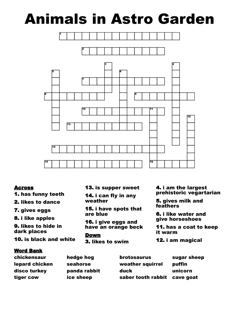 Animals in Astro Garden Crossword