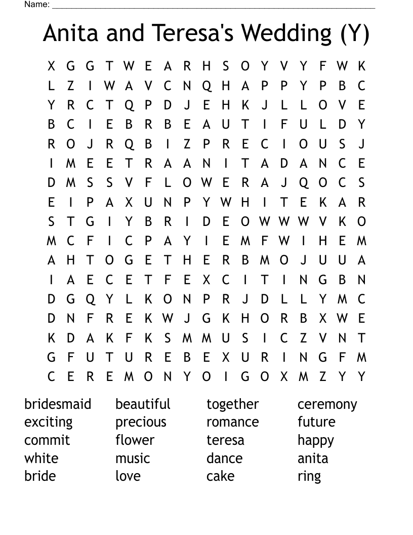 Anita and Teresa's Wedding (Y) Word Search