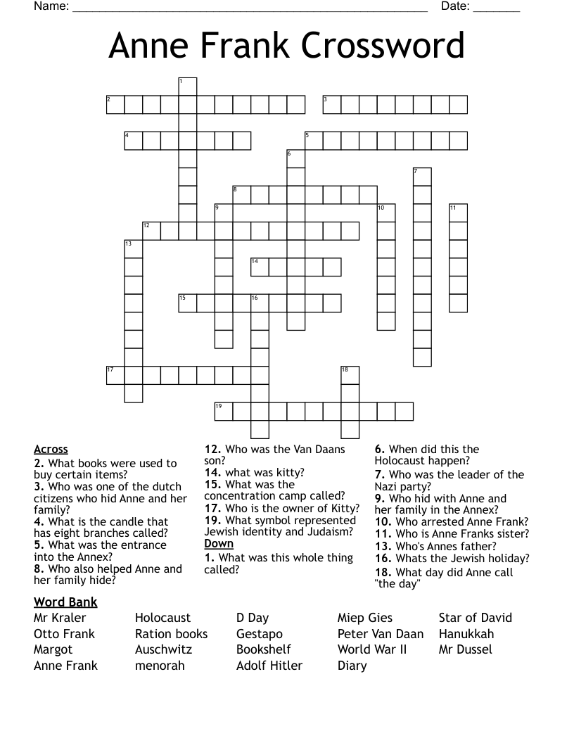 Diary Of Anne Frank Crossword Puzzle WordMint