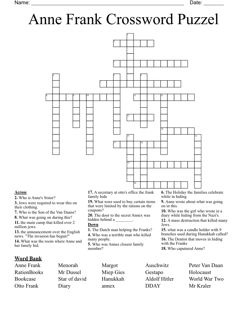 Diary Of Anne Frank Crossword Puzzle WordMint