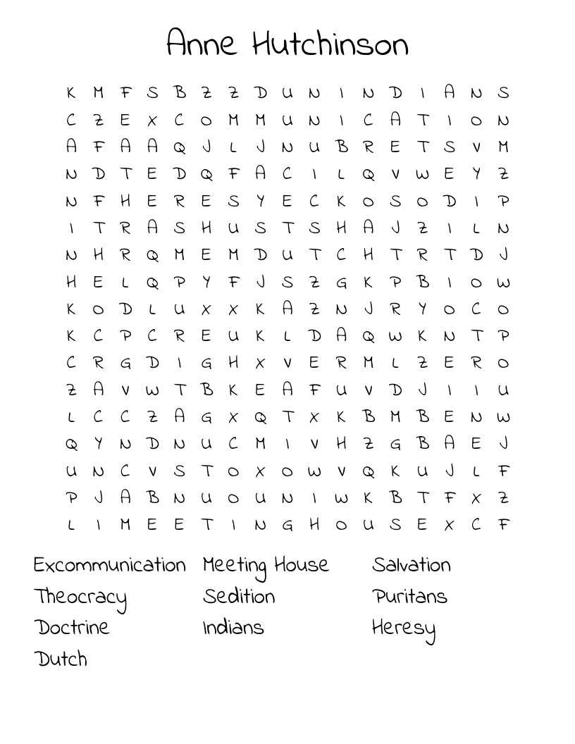 Anne Hutchinson Word Search