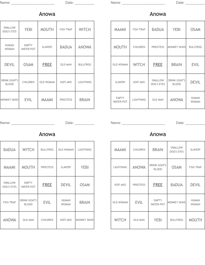 Anowa Bingo Cards