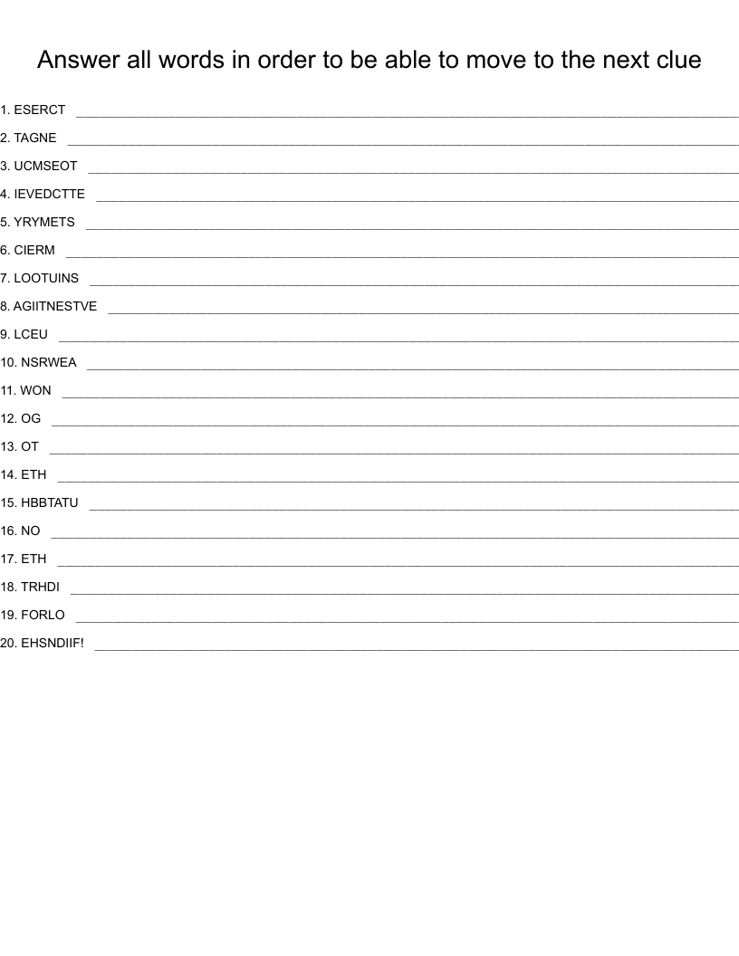 Answer all words in order to be able to move to the next clue Word Scramble