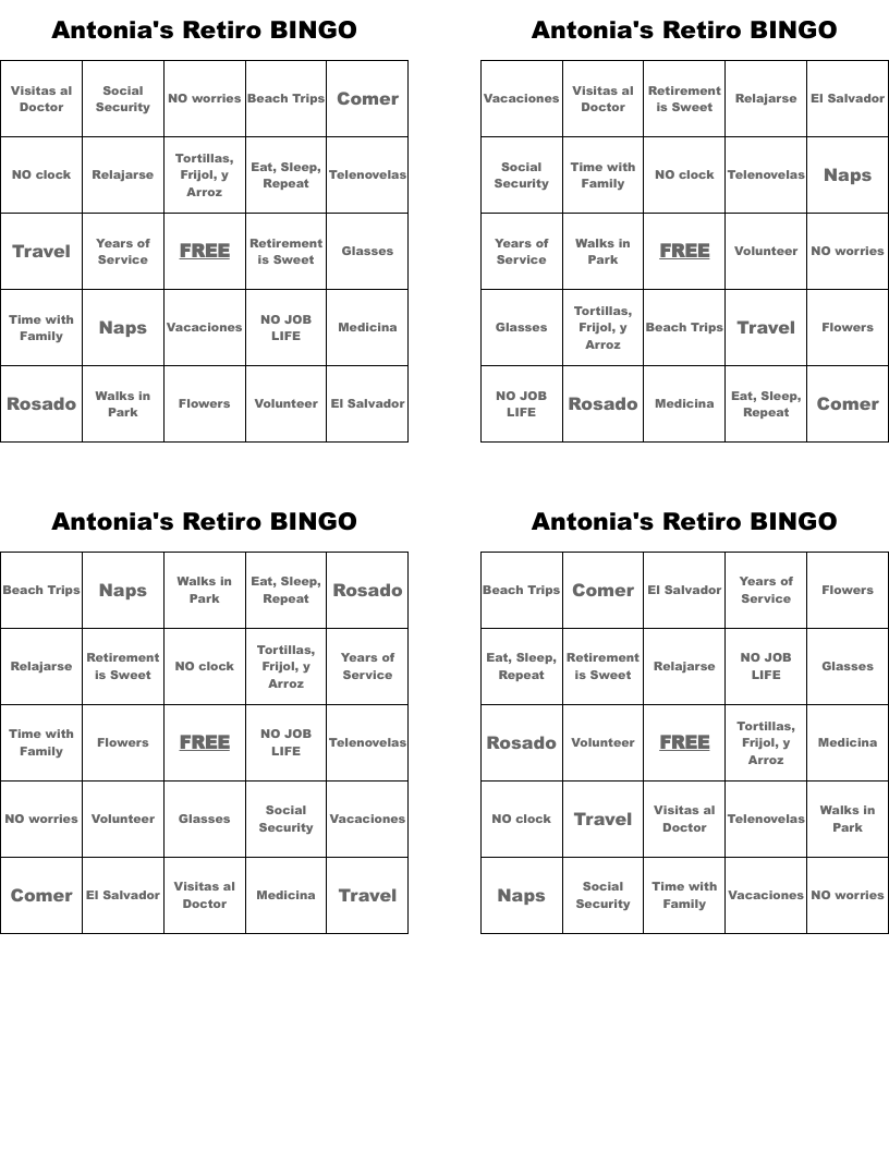 Antonia's Retiro BINGO 