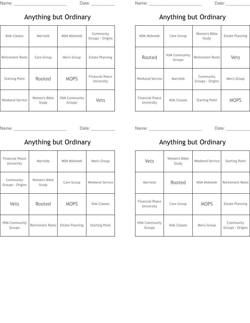 Anything but Ordinary Bingo Cards