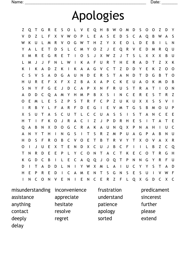 Apologies Word Search
